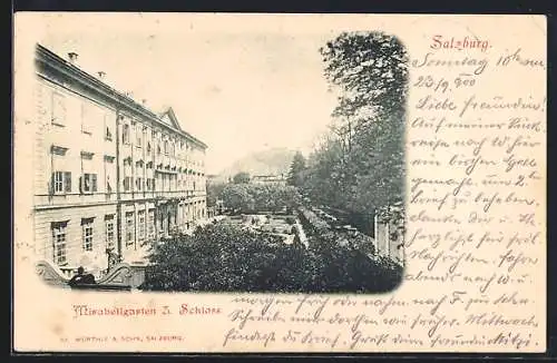 AK Salzburg, Mirabellgarten mit Schloss aus der Vogelschau