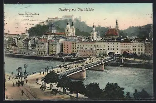 AK Salzburg, Panorama mit Staatsbrücke und Festung aus der Vogelschau