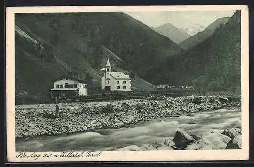 AK Häusling /Zillertal, Ortsansicht mit Uferpartie