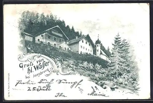 AK Igls bei Innsbruck, Gasthaus Heilig Wasser mit Kirche