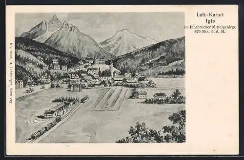 Künstler-AK Igls /Innsbrucker Mittelgebirge, Ortsansicht mit Bahnhof und Bergladschaft