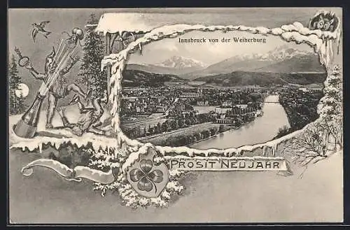 AK Innsbruck, Blick von der Weiherburg, Passepartout mit Zwergen und Sektflasche