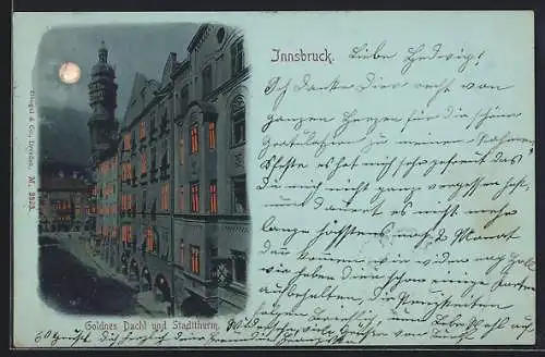 Mondschein-AK Innsbruck, Goldnes Dachl und Stadtthurm