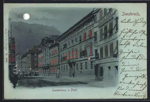 Mondschein-AK Innsbruck, Landeshaus und Post