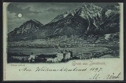 Mondschein-AK Innsbruck, Schloss Ambras mit Bergpanorama