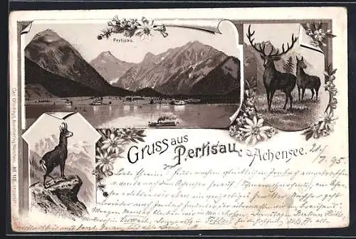 Vorläufer-Lithographie Pertisau a. Achensee, 1895, Panorama mit Ort, See und Gebirge, Hirsch, Gämse