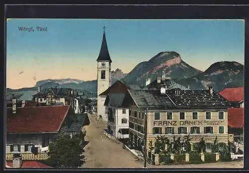 AK Wörgl, Franz Danek Bauspängler & Glaser mit Strassenpartie & Kirche