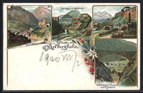 Lithographie Landeck, Viadukte der Arlbergbahn, St. Anton, Wädlitobel-Viadukt, Burg Landeck