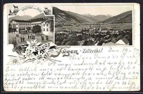 Lithographie Fügen i. Zillerthal, Gasthof zur Post, Panoramablick über den Ort ins Zillertal