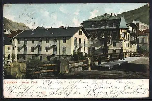 AK Landeck, Blick über die Brücke zum Hotel Post