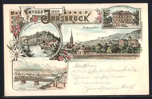 Lithographie Innsbruck, Histor. Museum, Innbrücke