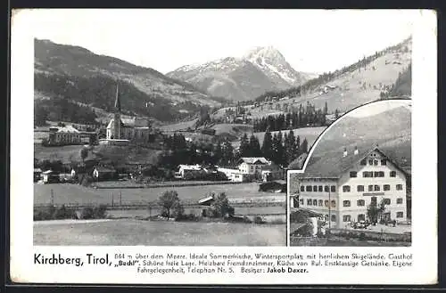 AK Kirchberg /Tirol, Gasthof Bechl J. Daxer, Gesamtansicht mit Gipfelblick