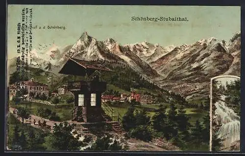 AK Schönberg /Stubaithal, Jägerhof auf dem Schönberg, Wasserfall