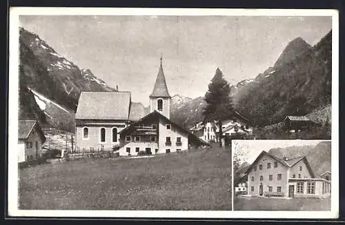 AK Plangeross, Gasthof A. Kirschner, Ortsansicht mit Kirche