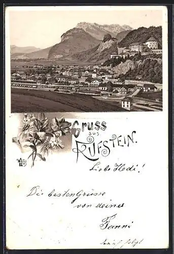 Lithographie Kufstein, Ortsansicht mit Festung und Gebirge