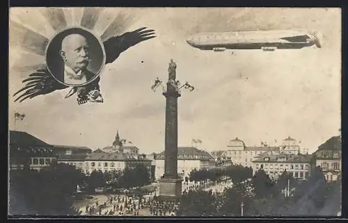 AK Darmstadt, Zeppelin über Säulendenkmal und bevölkertem Platz, Portrait Graf Zeppelin mit Adler