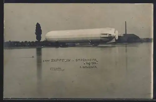 AK Oppenheim, Graf Zeppelin am Boden vor Ortspanorama, 1908