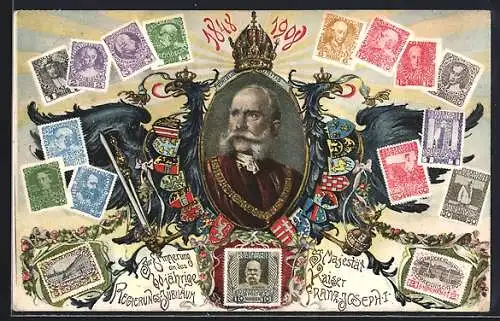 AK 60. Regierungsjubiläum 1848-1908, Kaiser Franz Josef I. von Österreich, versch. Briefmarken