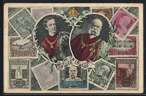 AK Kaiser Franz Josef I. von Österreich 1848 und 1908, Briefmarken von Kaiser Franz Josef I. von Österreich