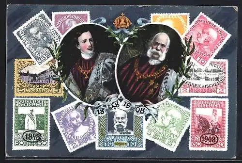 AK Kaiser Franz Josef I. von Österreich 1848 und 1908, Briefmarken von Kaiser Franz Josef I. von Österreich