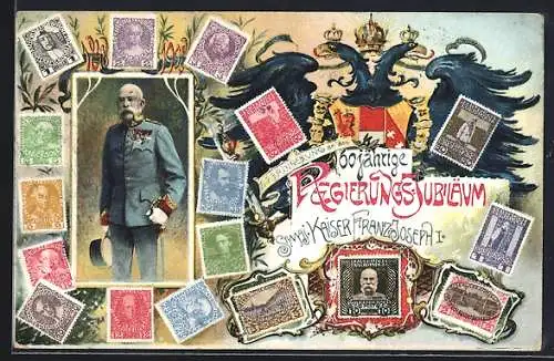 AK 60-jähriges Regierungsjubiläum von Kaiser Franz Josef I. von Österreich, Briefmarken