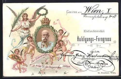 AK Kaiser Franz Josef I. von Österreich gerahmt von Krone, Engeln und Wappen