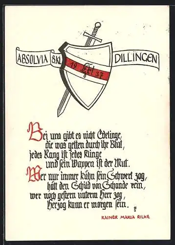 Künstler-AK Dillingen / Donau, Absolvia 1937, Wappen mit Schwert, Gedicht von Rainer Maria Rilke