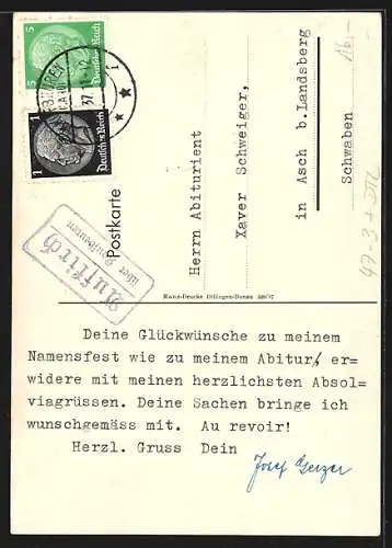 Künstler-AK Dillingen / Donau, Absolvia 1937, Wappen mit Schwert, Gedicht von Rainer Maria Rilke