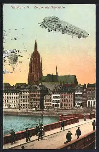 AK Frankfurt a. M., Zeppelin über Dom und alter Mainbrücke