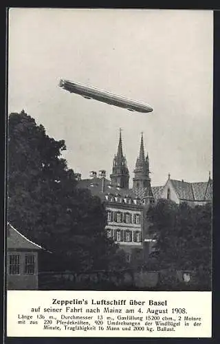 AK Basel, Zeppelin-Luftschiff auf seiner Fahrt nach Mainz 1908