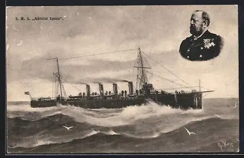 Künstler-AK Kriegsschiff S.M.S. Admiral Spaun bei Seegang, Portrait Admiral Spaun