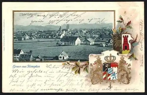 Passepartout-Lithographie Kempten / Allgäu, Stadtpanorama, Wappen und Eichenzweig