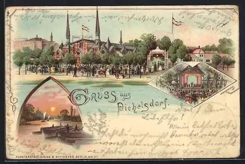 Lithographie Berlin-Pichelsdorf, Gasthaus Brauerei Pichelsdorf mit Gartenlokal, Segelboote