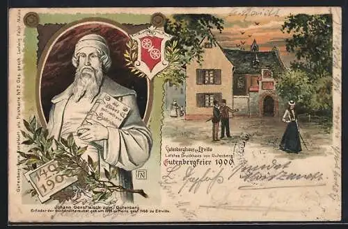 Künstler-AK Eltville, Gutenberghaus, Porträt Gutenbergs mit Bibel und Wappen