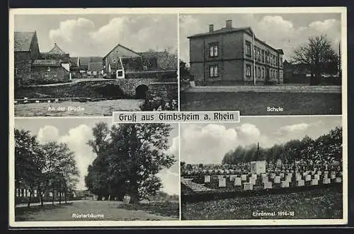 AK Gimbsheim, Schule, Ehrenmal 1914 /18, Rüsterbäume