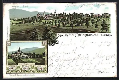 Lithographie Cronberg am Taunus, Schloss Friedrichshof, Ortspanorama mit Altkönig