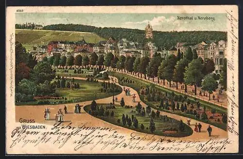 Lithographie Wiesbaden, Park mit Neroberg und Nerothal