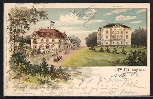 Lithographie Wiesbaden, Gasthaus Platte, Jagdschloss