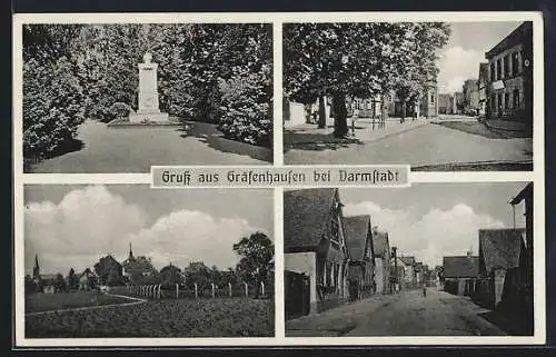 AK Gräfenhausen bei Darmstadt, Strassenpartie, Denkmal, Ortspartie