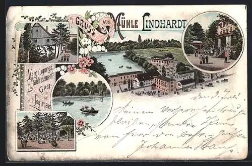 Lithographie Naunhof / Leipzig, Gast- und Logierhaus Mühle Lindhardt, Garten, Uferpartie