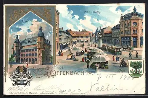 Lithographie Offenbach a. M., Marktplatz mit Ständen, Wappen, Altes Schloss