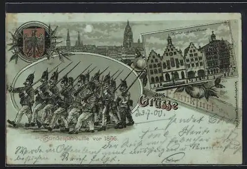 Mondschein-Lithographie Alt-Frankfurt, Bundespatrouille vor 1866, Römer und alte Häuser, Wappen