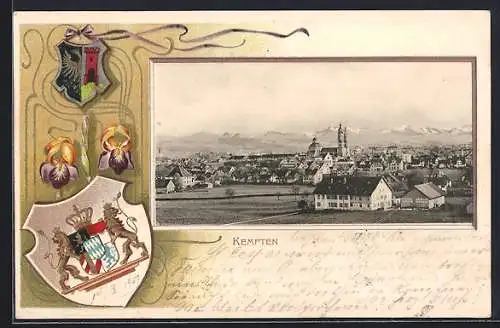 Passepartout-Lithographie Kempten / Allgäu, Blick auf die Stadt, Wappen und Schwertlilien