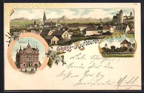 Lithographie Kaufbeuren, Rathaus, Hexenturm, Teilansicht