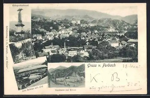 AK Forbach, Gasthaus zur Krone, Kriegerdenkmal, Wasserfall