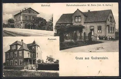 AK Godramstein, Bahnhof und Bahnhof-Restaurant M. Belm, Inh. K. Keller, Postamt