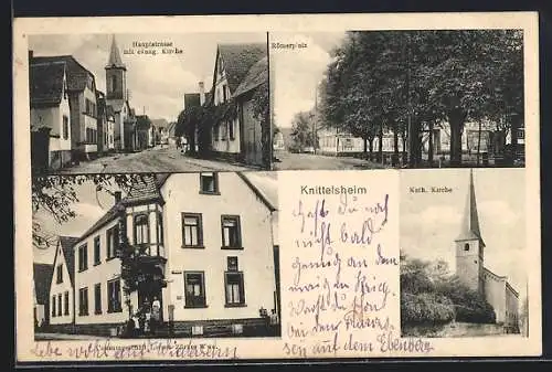 AK Knittelsheim, Consumgeschäft Lorenz Zürken Wwe., Hauptstrasse mit Kirche, Römerplatz