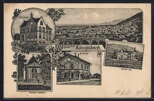 AK Königsbach / Rheinpfalz, Bahnhof, Glausen-Kapelle, Schulhaus und Burck`s Hof