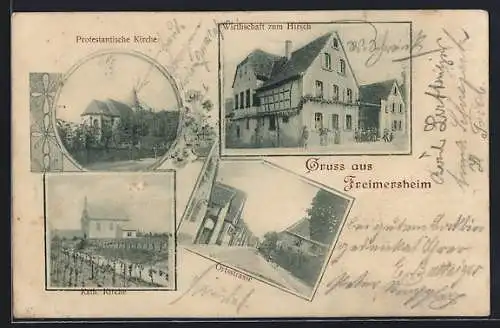 AK Freimersheim / Pfalz, Gasthaus zum Hirsch, Protestantische und katholische Kirche