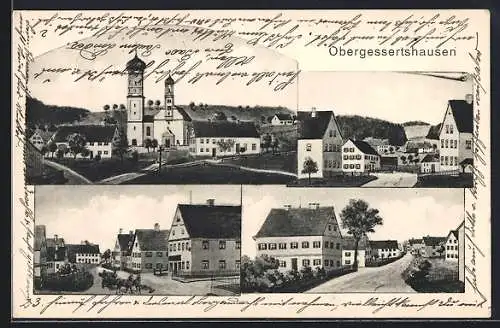 AK Obergessertshausen, Strassenpartien mit Wohnhäusern und Kirche